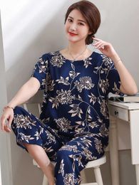 Mother Sets 2 Piece Woman Set Loose O-Neck Top Short Sleeve Print Two-piece Pant Suits Plus Size Home Servic Y0625