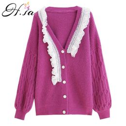 H.SA winter clothes women Lace Stitch Sweater and Cardigans Candy Colour Purple Long Ovcersized Knitwear cardigan mujer 210417