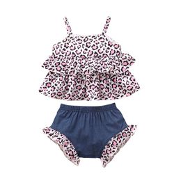 Clothing Sets FOCUSNORM 0-24M Summer 2pcs Baby Girls Clothes Leopard Printed Ruffles Strap Vest Tops Denim Shorts