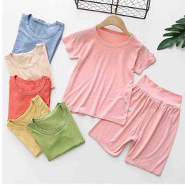 Children's Modal Stretch Short-sleeved Shorts Set Boys Girls T-shirt Shorts Suits Baby High Waist Home Clothes Solid Colour 2pcs Y220310