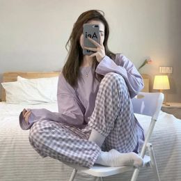 Parte superior do sono e xadrez calças pijamas mulheres mulheres primavera verão 2021 pijamas manga curta pijamas redondo nightwear conjuntos x0526