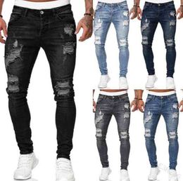 Men's Hole Ripped Skinny Jeans Men's Fashion Colored Drawing Wrinkle Jimpness Pencil Pants Motor Biker Hip Hop Deni Casu287i
