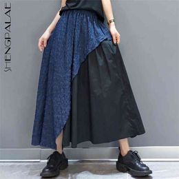 Personality Denim Mesh Patchwork Skirt Women's Summer High Elastic Waist Mid-calf Female Tide 5C992 210427