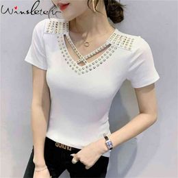 Summer Korean Style Solid T-Shirt Sexy Hollow Out Shiny Rivet Women Tops Short Sleeve All Match Bottoming Shirt Tees T14302A 210421