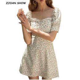 French Fresh Small Flower Short White Dress Retro Women Lacing Up Tide Bow Bra Collar Puff Sleeve Mini Dresses 210429