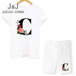 Jocoo Jolee Women Summer Short Sleeve O-Neck Joggers Biker Casual Solid Two Pieces Set Printing Letter T-Shirts and Shorts 210518