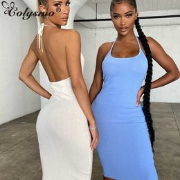 Colysmo Sexy Dress Ribbed Knit Backless Slim Fit High Waist Halter Midi Dresses Lady Party Wear Vintage Women Clothing 210527
