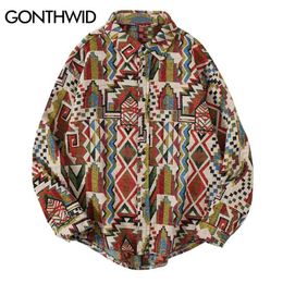 GONTHWID National Style Knitted Geometric Patterns Colour Block Button Shirts Harajuku Casual Long Sleeve Tees Tops Streetwear 210721
