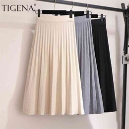 TIGENA Elegant Midi Pleated Knitted Skirt Women Autumn Winter Korean Knee Length a line High Waist Skirt Female Ladies 210412