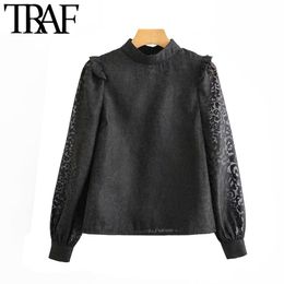 TRAF Women Vintage Sexy Leopard Pattern Ruffles Blouses Fashion Stand Collar See Through Sleeves Female Shirts Blusas Chic Tops 210415