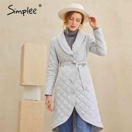 Chic pattern waist band women winter V-neck asymmetric long cotton warm female Fahison padded jacket coat 210414