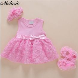 Melario Baby Dresses New Spring Summer Baby Girls Clothes Headband Shoes 2pc Girls Party Dress Princess Dress Suit Newborn Dress 210412