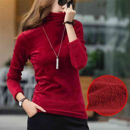 Turtleneck Velvet Fleece T shirt Women Solid Tops Stretchy Long Sleeve Plus Size S-4XL Spring Autumn T-shirt Bottoming T90394 210421