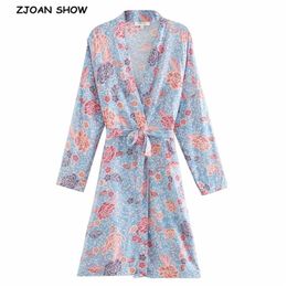 BOHO V neck Location Camellia Flower Print Long Kimono Shirt Holiday Bow Lacing up Sashes Cardigan Loose Blouse Tops 210429