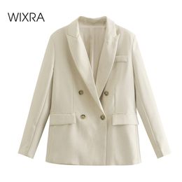 Wixra Women Casual Business Double Breasted Blazer Coat Long Sleeve Pockets Female OL Chic Tops 211019