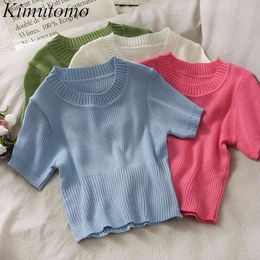 Kimutomo French Style Short Sleeve T-shirt Women O-neck Solid Wild Slim Waist Knitted Tops Outwear Casual Spring Summer 210521