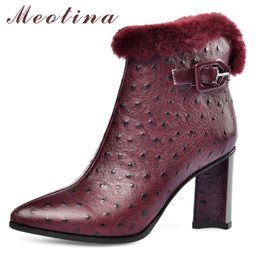 Winter Ankle Boots Women Natural Genuine Leather Buckle Super High Heel Short Zip Pointed Toe Shoes Female Size 43 210517