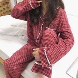 QWEEK Korean Sleepwear Plaid Pyjama Set Women Vintage Pyjamas Femme Lace Pijamas Long Sleeve Nightwear Autumn Loungewear Pj 211215