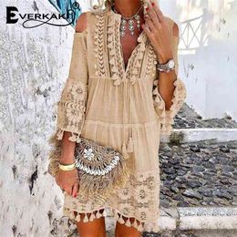 Everkaki Ethnic Print Off Shoulder Mini Dress Women Summer Tassel Lace Long Sleeve Boho Lady Beach Short Dress Female Loose 210409