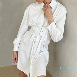 Casual Dresses White Single-Breasted Shirt Female Long Sleeve Lace Up Slim Pleated Dress Turn Down Collar Robe Autumn