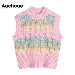 Aachoae Sweet Color Block Striped Cropped Vest Sweater Women O Neck Sleeveless Chic Knitted Pullover Tops Ladies Waistcoat 210413