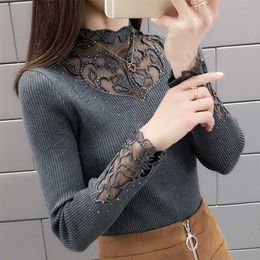Sexy Lace Collar Patchwork Women Pullover Sweater Autumn Half Turtleneck Long Sleeve Knitted Top Lady Drill Bottoming Jumper 211011