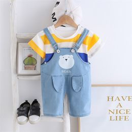Summer Infant Rompers Clothes Short-Sleeve Patchwork T-shirt Jeans Braces Baby Girls Costume 210629