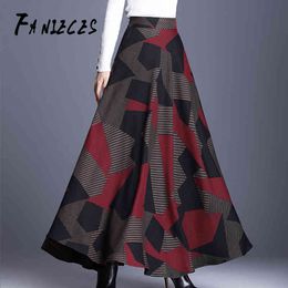 INS fashion spring Winter Women Vintage High Waist Thicken Long Woollen Skirt Plus Size 3XL Female Elegant A-line Wool Skirts 210520
