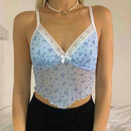 Sweet Floral Print Lace Mesh Patchwork Y2K Camis Top With Thin Strap Backless Summer V Neck Cute Sleeveless Crop Outfits 210415