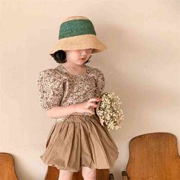 Mädchen Kleidung Anzug Temperament Puff Sleeve Floral Bluse + Blume Knospe Rock Sets Sommer Britischen Stil Kinder Tragen 210625