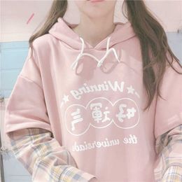 QWEEK Kawaii Pink Hoodies Women Soft Girl Japanese Harajuku Patchwork Plaid Long Sleeve Letter Sweatshirt Korean Cute Clothes 211019