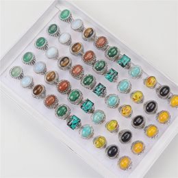 20pcs Rings Men Vintage Multicolor Mix Natural Stone Agate Malachite Tigereye Silver Color Ring For Women Fashion Jewelry Party