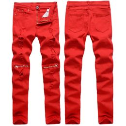 Wholesale 2020 Fashion Casual Knee Zipper Design Red/white/black Distressed nightclub stretch Dance cargo denim skinny jeans men X0621