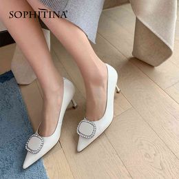 SOPHITINA Pumps Woman Shallow Genuien Leather Pointed Toe Crystal Decoration High Thin Heel Offcie Lady Shoes PB22 210513