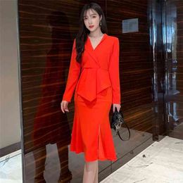 Spring Autumn Women's Dress Korean Style Sexy Solid Colour Split Ruffle Long-sleeved Thin Slim Female es GX573 210507