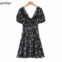 Summer Women Sexy Lace Trims Vintage Floral Print Dress Short Sleeve V Neck High Waist A-line Mini Dresses Chiffon Vestido 210514