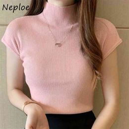 Autumn Half High Neck Short Sleeve Pullover Women's Casual Fashion Knitted Sweater All-match Solid Color T-shirt 210422
