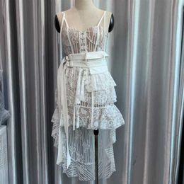 Arrival Runway Design Irregular Lace See-Through Summer Beach Holiday Party Vintage Elegant Women's Sling Dress Vestido 210529