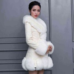 Fur all-in-one coat women's Korean version slim Pu fur imitation collar nine point sleeve medium long 211207