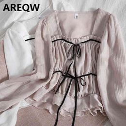Spring Clothes Small Shirt with Fungus and Square Collar, All-match Thin Shirt, Contrasting Colour Side Lace Blouse Women 210507