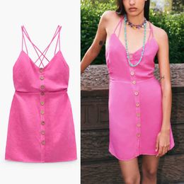 Za Sexy Mini Summer Dress Women Linen Sleeveless Backless Strappy Sundress Fashion Button Up Woman Ruching Party Dresses 210602