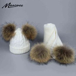 Parent-child Cap and Scarf Set Cute Kid Baby Real Fur Pompon Winter Knitted Hat Cap Four Nature Fur Pom Balls Beanie Bones Y21111