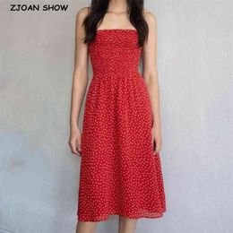 Retro Elegant Elastic Body Long Sling Dresses France Small Dot Print Chiffon Midi Women Summer Dress Holiday 210429
