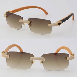 New Micro-paved Diamond Rimless Wooden Womans Sunglasses Original Black Inside Orange Wood mens Rocks Frame Male and Female Eyewear 18K Gold C Decoration Sun Glasses