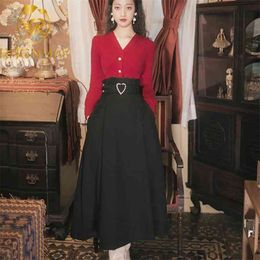 Vintage Spring Elegant Women set Lace up Two pieces Set V neck Red Sweater + High Waist Beading Skirt Female Suit 210506