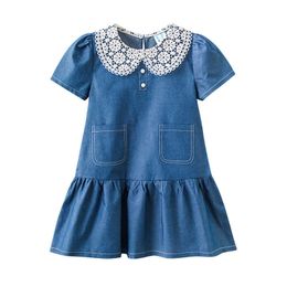 Teen Girls Denim Dress for Kids 2021 New Children Summer Clothes Lace Neck Buttons Ruffles Jean Pocket Dress,#6036 Q0716