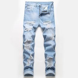 Men's Jeans Light Blue Ripped Retro Hip Hop Men Full Length Distressed Vintage Denim Trousers Male Fashion Cowboy1