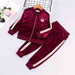Winter Children Sets Casual Long Sleeve Zipper Embroidered Crown T-shirt Patchwork Trousers Cute 2Pcs Girls Clothes 210629