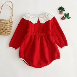 Newborn Baby Girls Long Sleeve Round Neck Vintage Christmas Knitted Romper Wool Sweater Infants Solid Colour Ruffle Knit Jumpsuit 210317