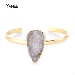 Natural Mineral Crystal Bracelets Bangles Gold Plating Open Cuff Bangles for Women Big Large Druzy Stone Bangles Fashion Jewellery Q0717
